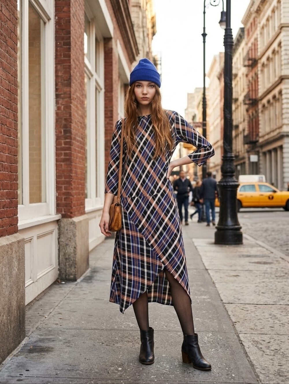 Zara Trafaluc Plaid Print Knit Asymmetric Midi Dress Size Medium Edgy